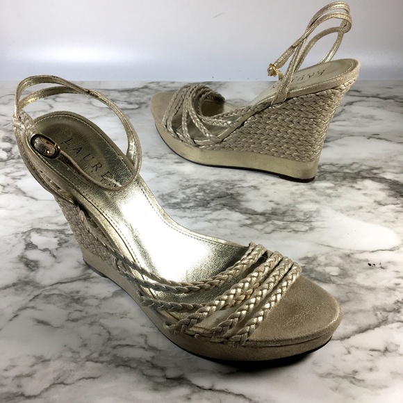 Lauren Ralph Lauren Gold Espadrille Wedge Sandals - Picture 1 of 8